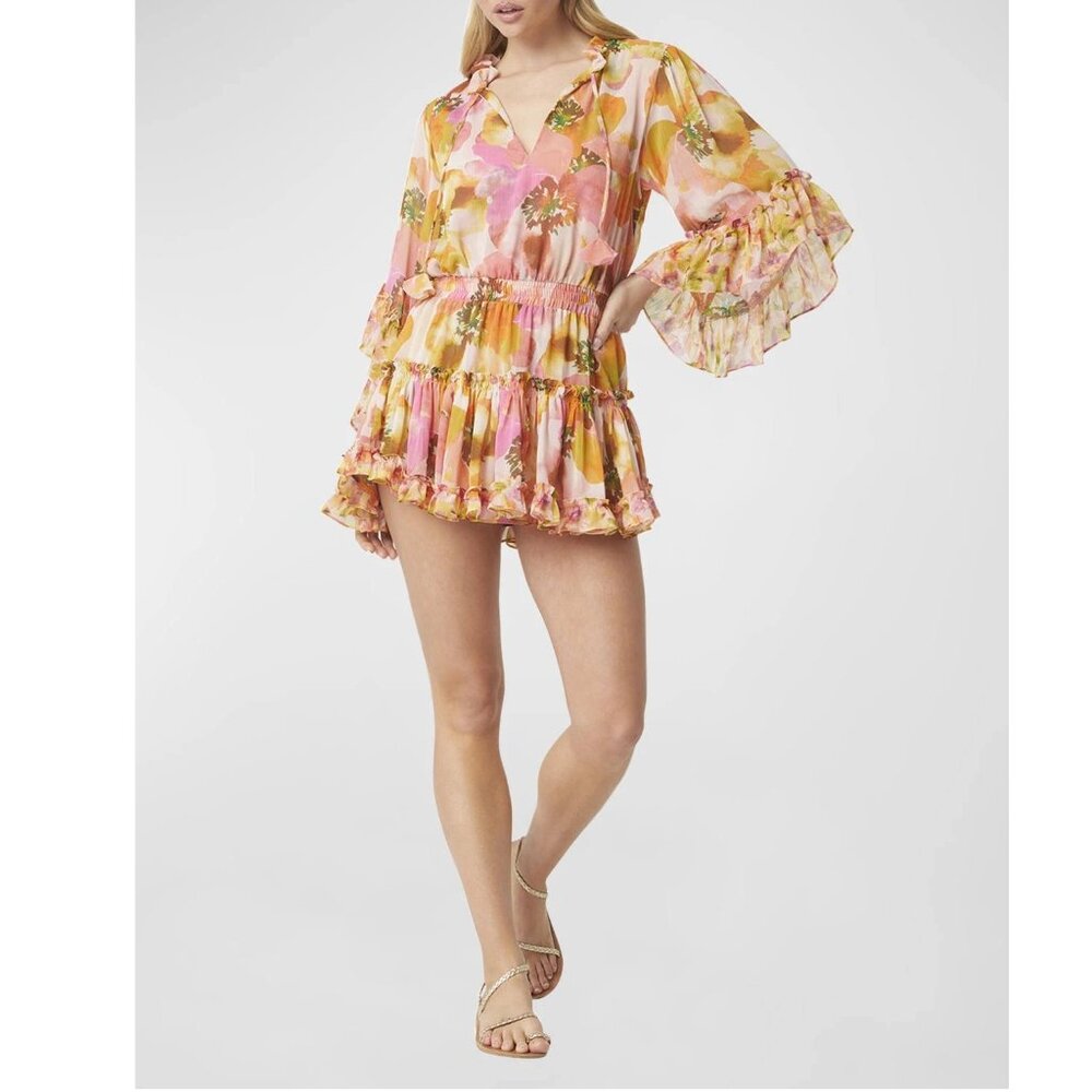 Misa Los Angeles Floral Pink and Yellow Midi Dress